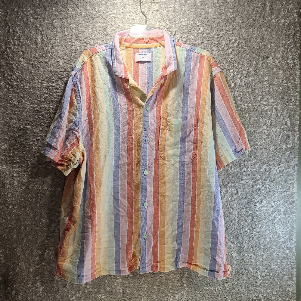 Old Navy Unisex Linen Blend XXXL Rainbow Button Down Pride Colorful Beach Resort